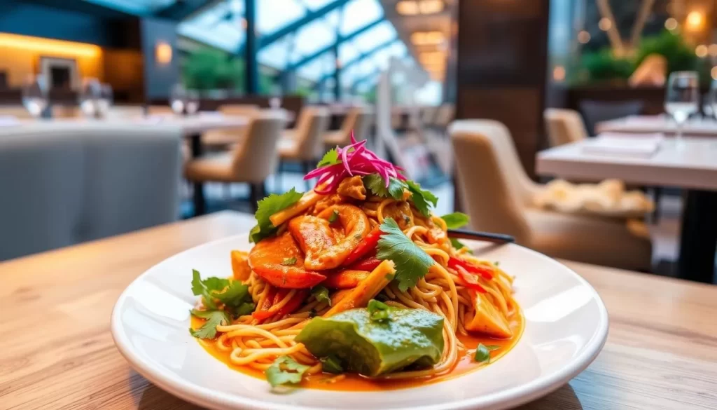 Image of a vibrant Thai dish, such as a spicy curry or noodle stir-fry, served in a London restaurant.