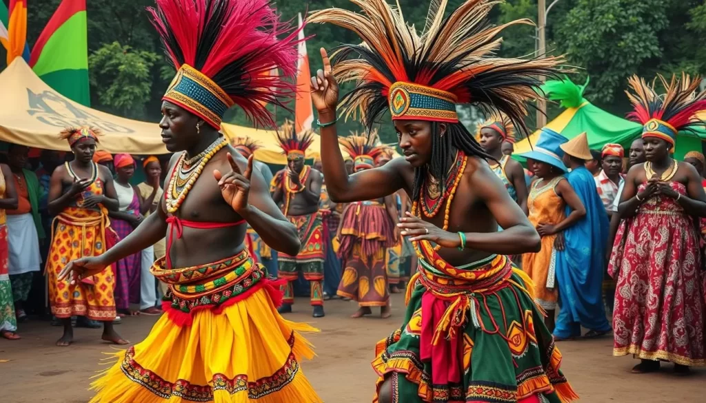 Image of a vibrant Voodoo Festival celebration in Benin, showcasing traditional dances and rituals.