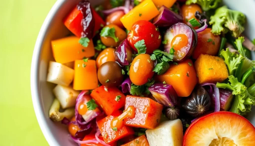Image of a vibrant and colorful bowl from Hey, Sunshine Kitchen, featuring seasonal vegetables and house-made dressing.