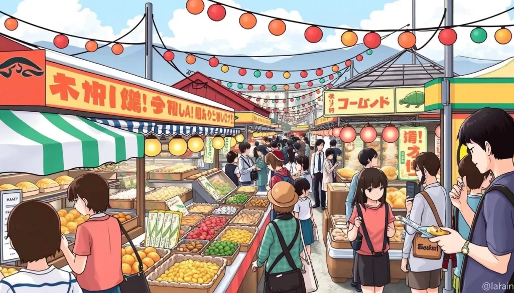 Image of a vibrant food festival in Shimane Prefecture, Japan, with people enjoying local delicacies.