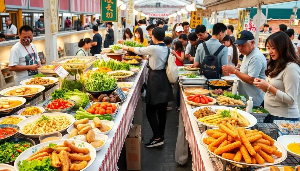 Image of a vibrant food festival in Tokushima with various local dishes on display