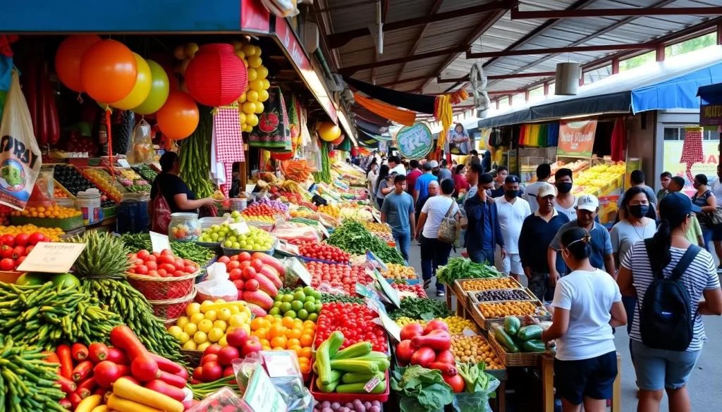 Image of a vibrant market in San Salvador with colorful produce and lively atmosphere