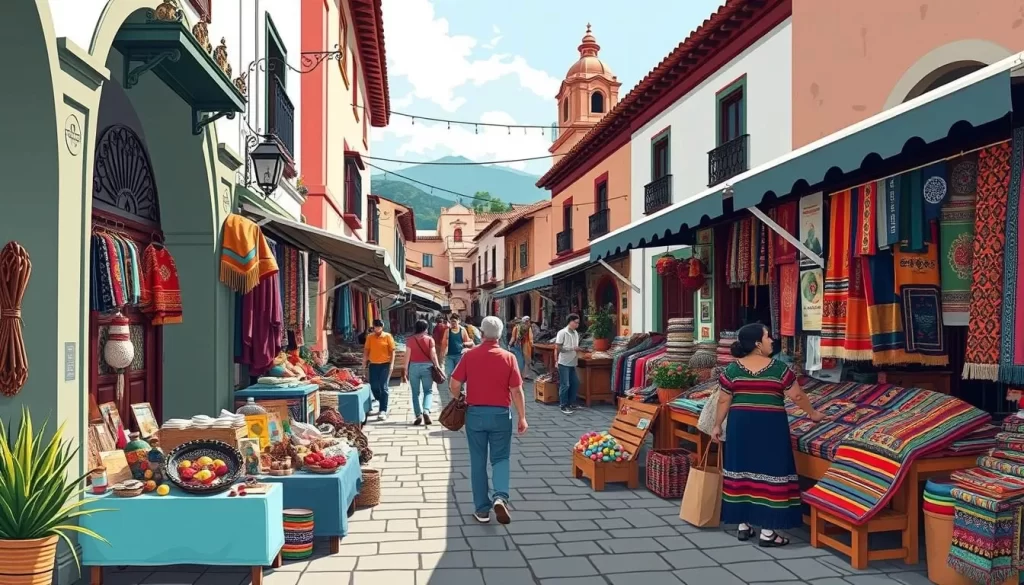 Image of a vibrant market scene in Antigua, Guatemala, with local vendors selling handicrafts and textiles.