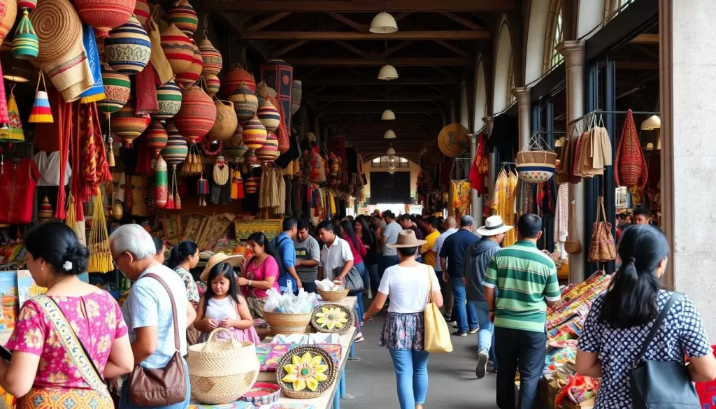 Image of a vibrant marketplace scene at Mercado Central, with vendors selling traditional handicrafts.