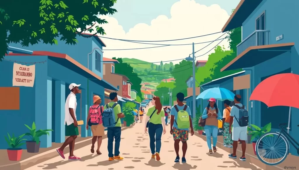 Image of a vibrant street in Nyamirambo, Kigali, with local guides and tourists exploring together.