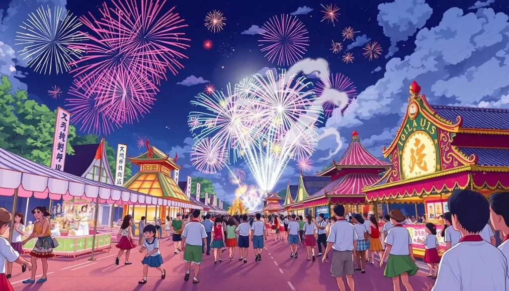 Image of a vibrant summer festival in Tochigi, with traditional dances, floats, and fireworks.