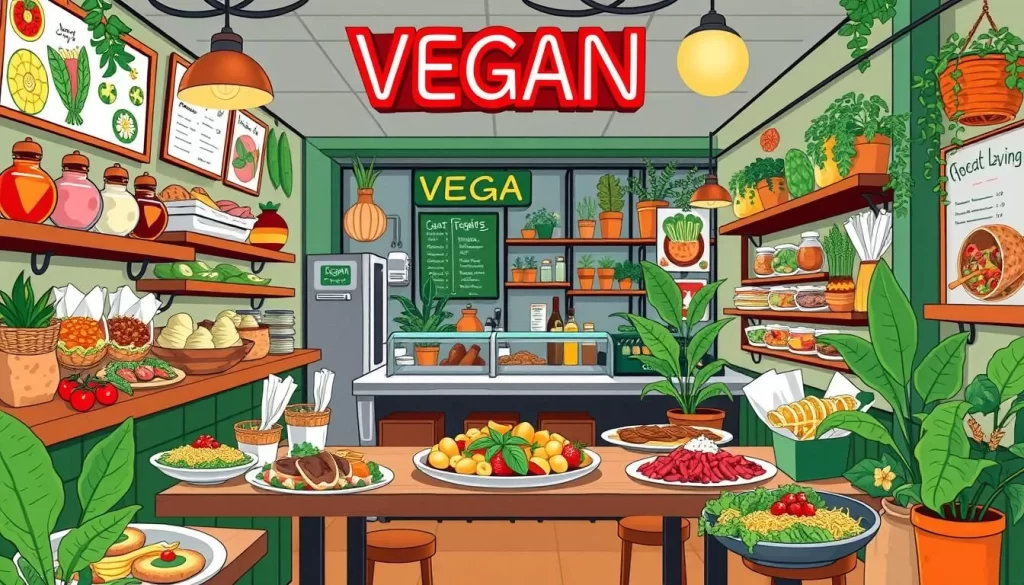 Image of a vibrant vegan restaurant in NYC with a variety of dishes on the menu