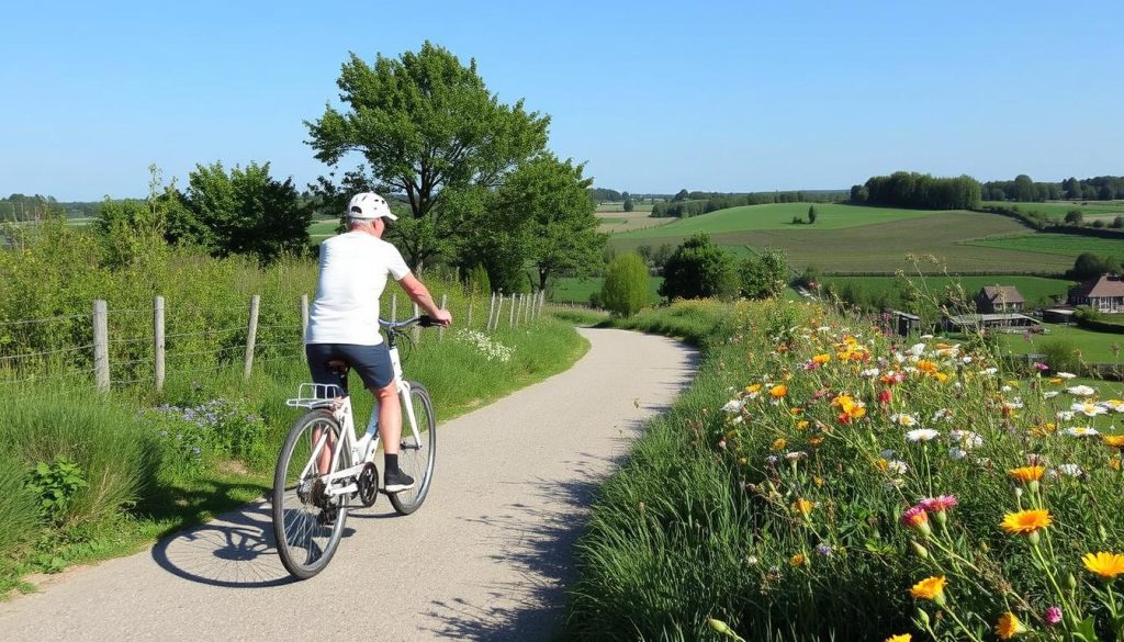 Image of a visitor riding a white bicycle through a scenic path in De Hoge Veluwe National Park