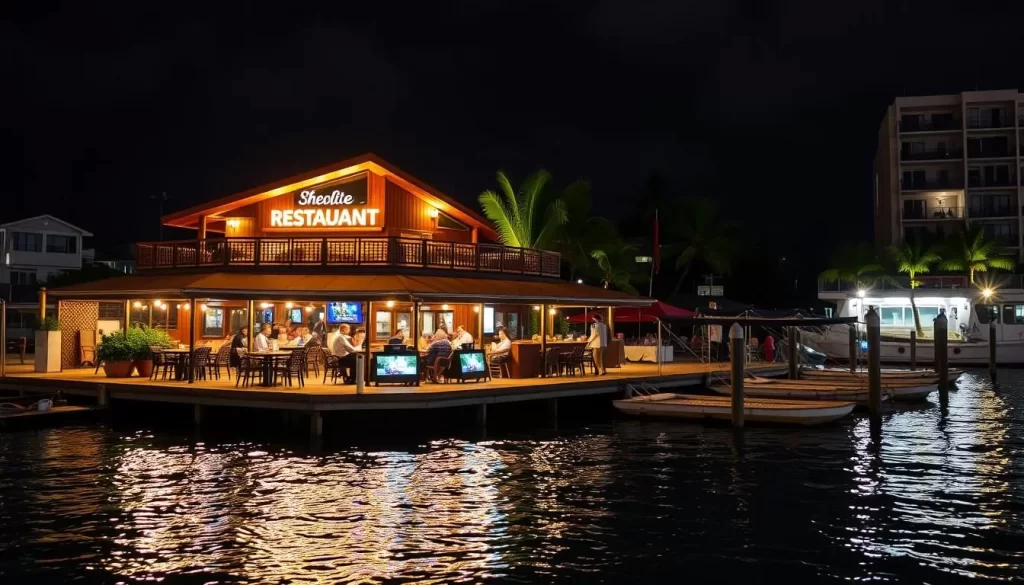 Image of a waterfront restaurant in Kōtō-ku at night
