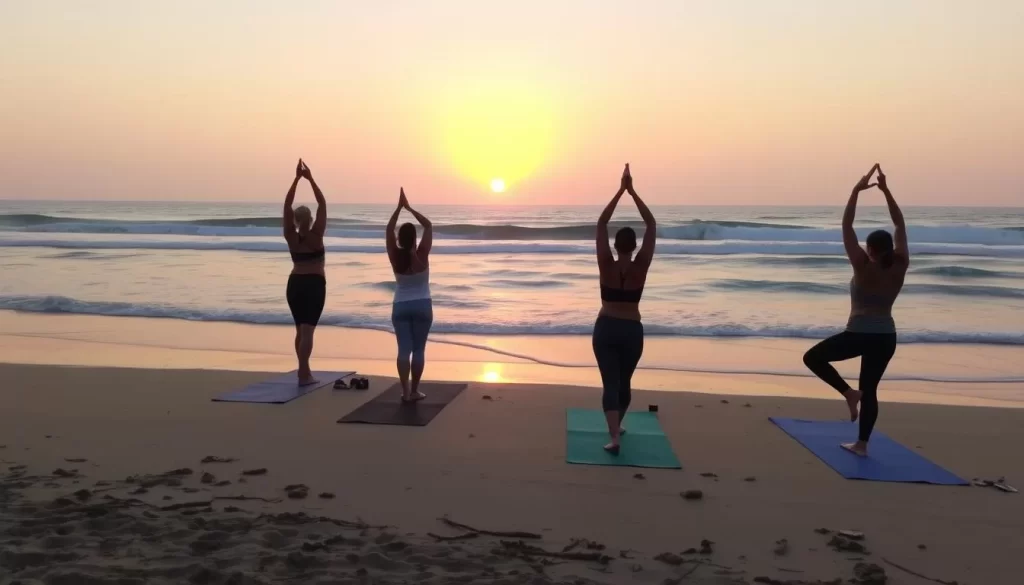 Image of a yoga class on a beach at sunrise