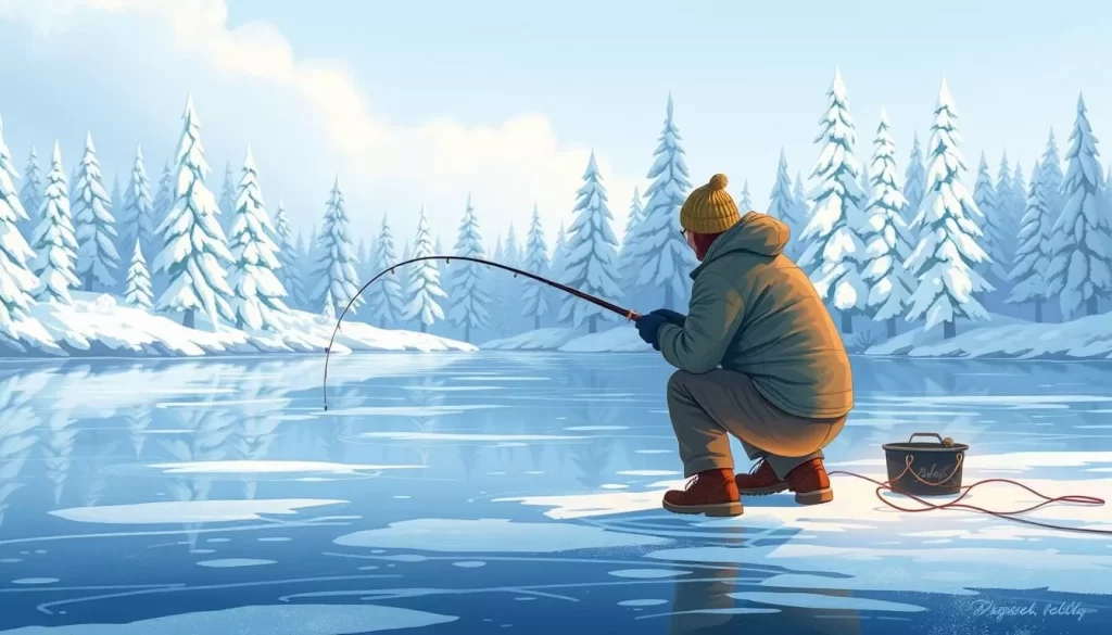 Image of an angler ice fishing on a frozen lake