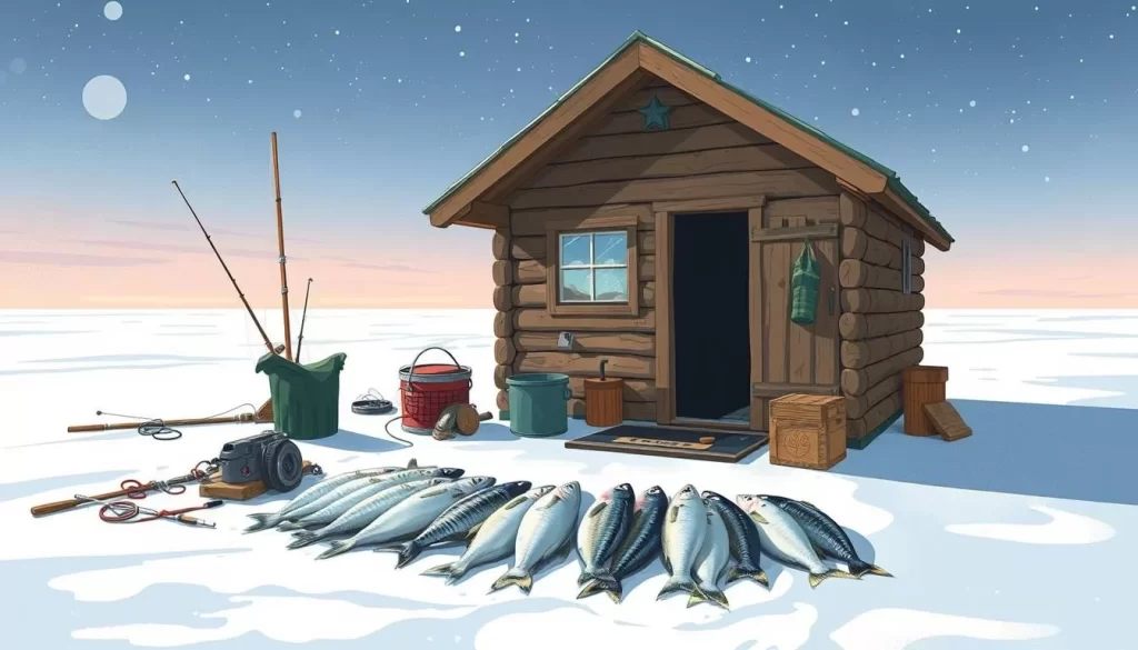 Image of an ice fishing hut on Great Slave Lake with fishing gear and caught fish.