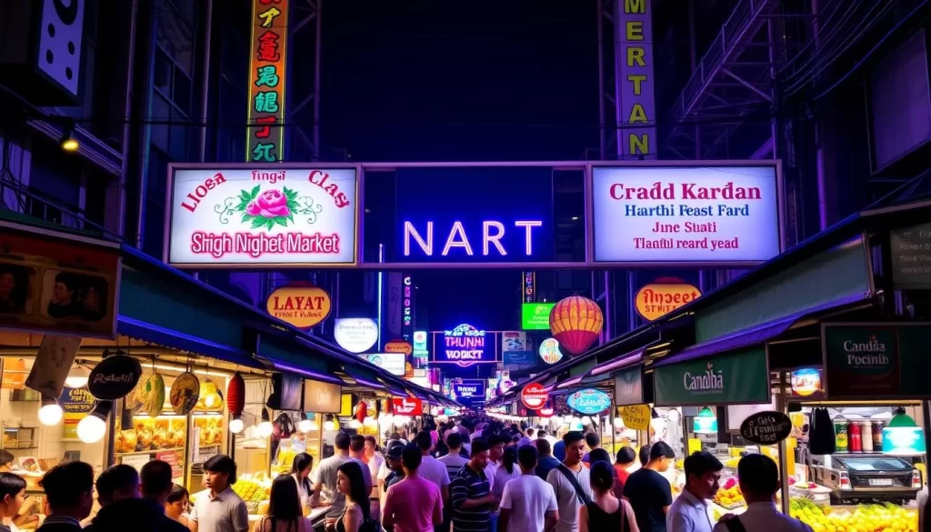 Image of atSiam Night Market with Thai street food stalls and lively atmosphere