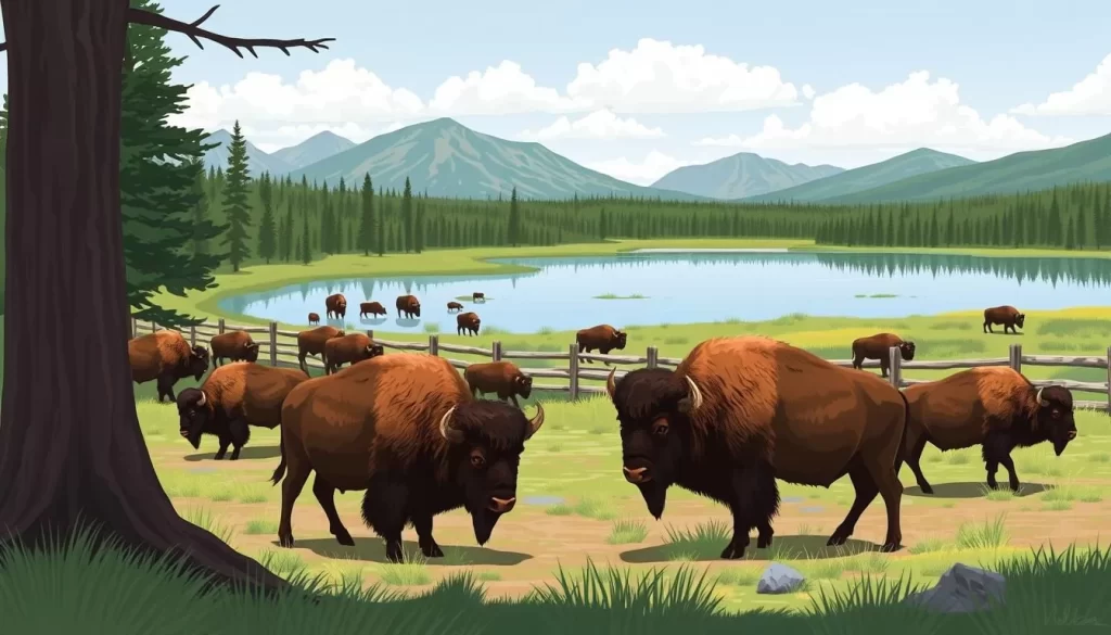 Image of bison roaming freely in the Lake Audy Bison Enclosure, Riding Mountain National Park