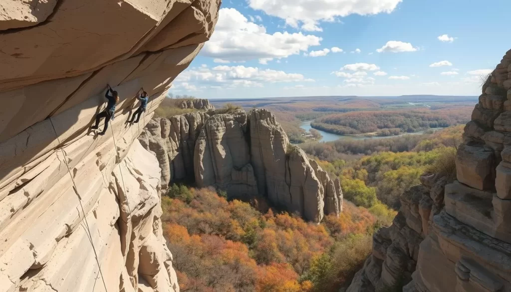 Image of climbers ascending a limestone formation at Maquoketa Caves State Park