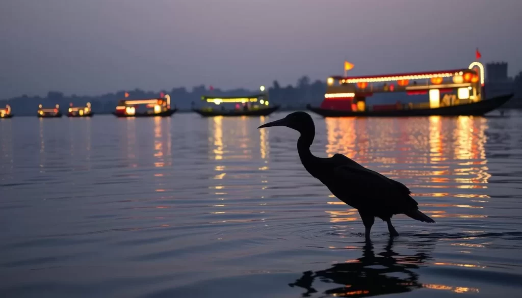 Image of cormorant fishing on the Nagara River at dusk with lantern-lit boats