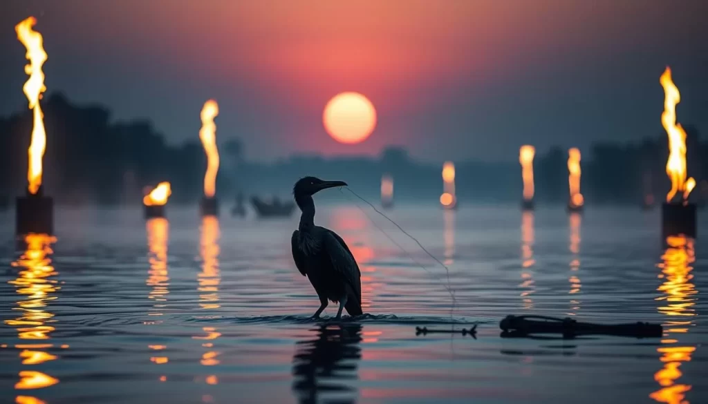 Image of cormorant fishing on the Nagara River at dusk with traditional flames lit