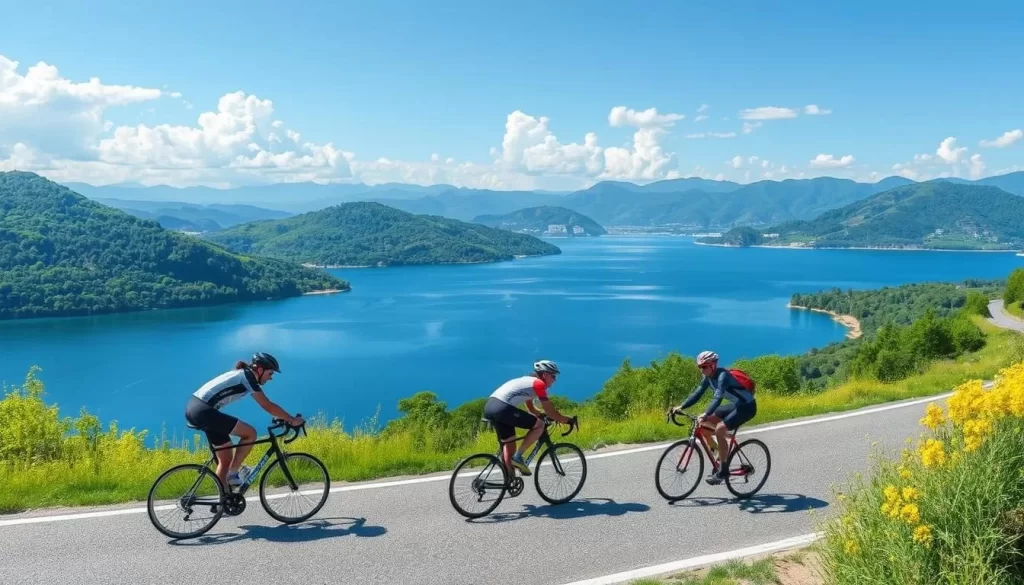 Image of cyclists enjoying the scenic view around Kasumigaura Lake on the Tsukuba-Kasumigaura Ring-Ring Road