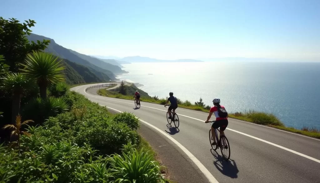 Image of cyclists riding along Miyazaki's coastal road