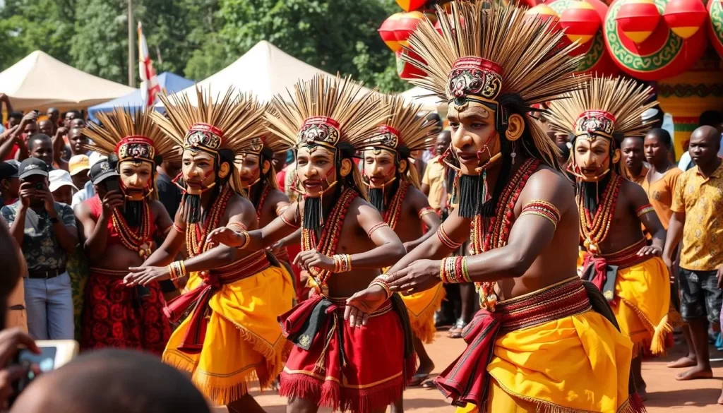 Image of dancers wearing Makishi masks performing at Likumbi Lya Mize