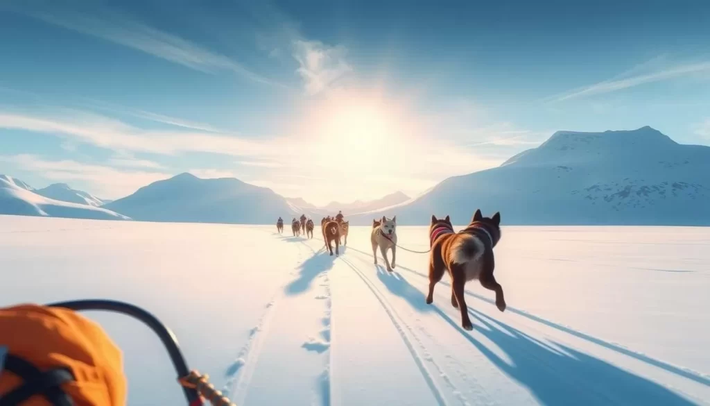 Image of dog sledding in Svalbard's snowy landscape