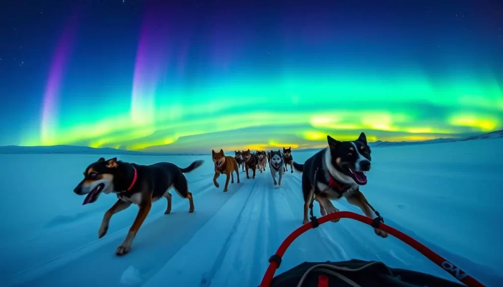 Image of dog sledding under the Northern Lights in Yukon