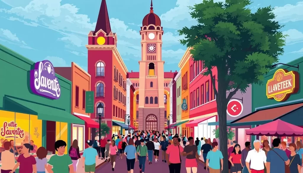Image of downtown Lafayette with vibrant colors and bustling atmosphere