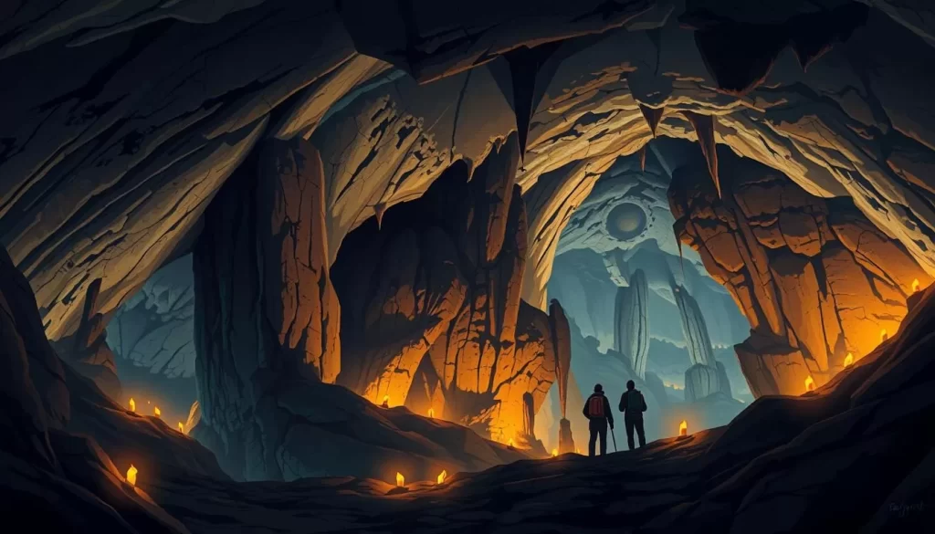 Image of explorers navigating through Kanba Caves with candles