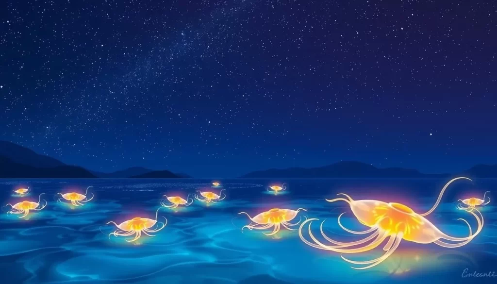 Image of firefly squid glowing in Toyama Bay at night