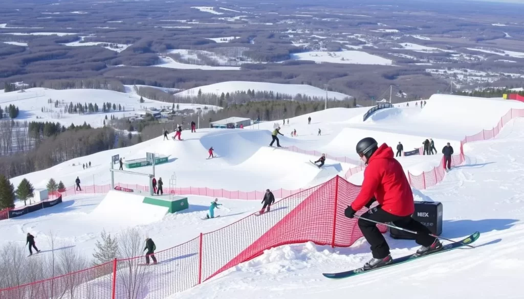 Image of freestyle skiers and snowboarders enjoying Asessippi Ski Area's terrain parks