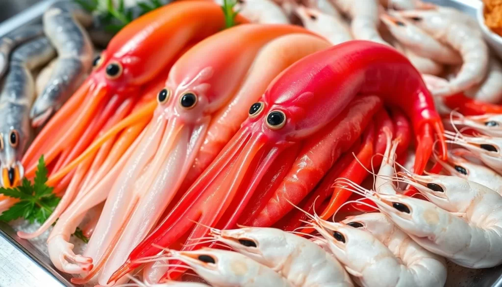 Image of fresh seafood from Toyama Bay, including firefly squid and white shrimp