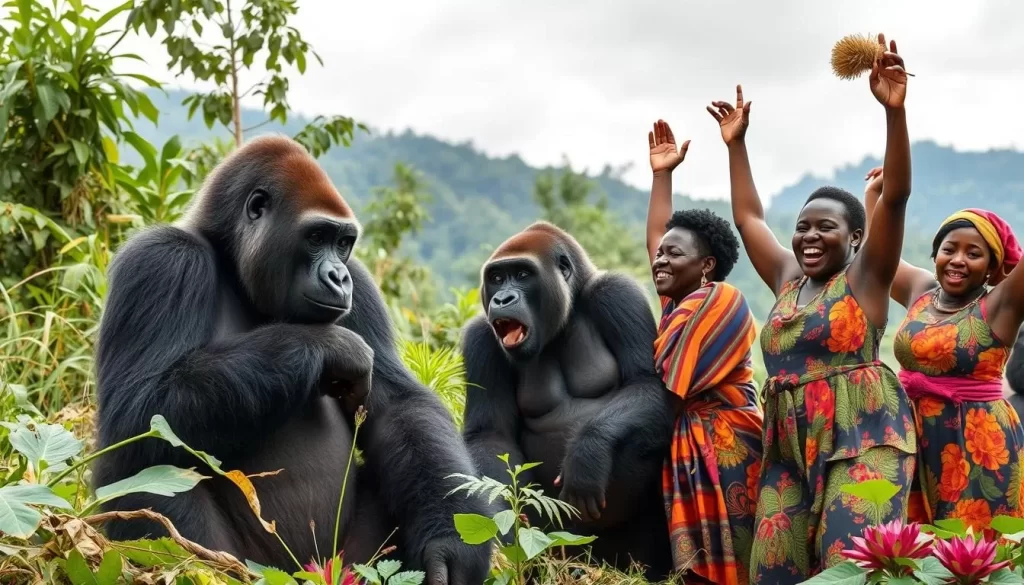 Image of gorillas in their natural habitat with Rwandans celebrating around them