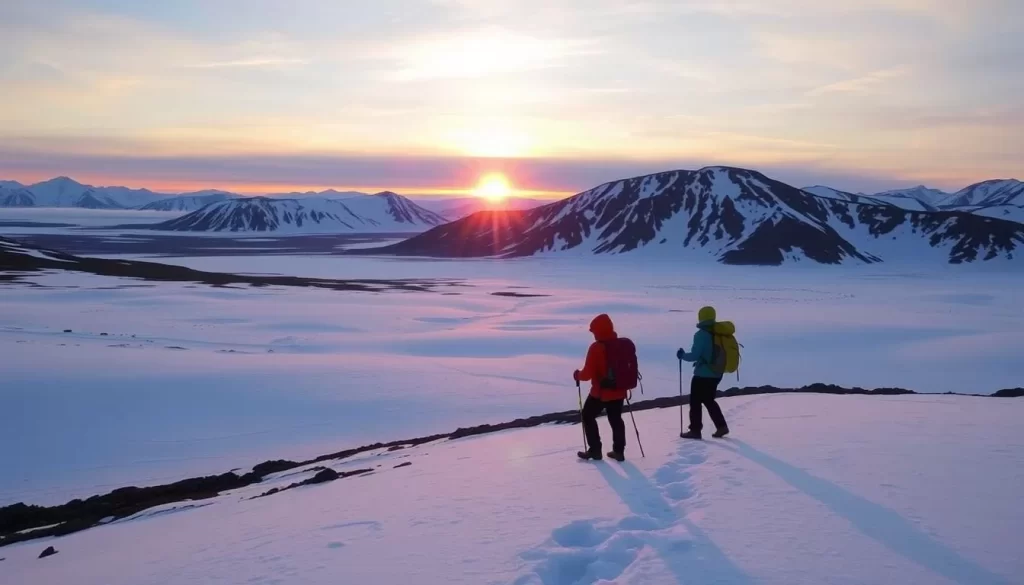 Image of hikers enjoying the Midnight Sun in Svalbard
