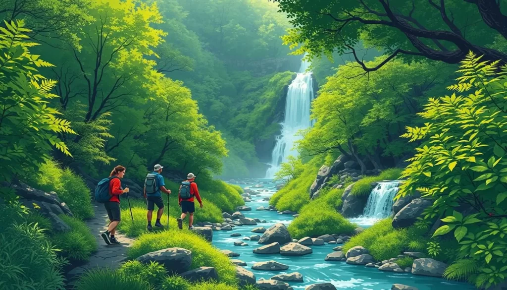 Image of hikers walking along the Oirase Stream surrounded by lush greenery and waterfalls
