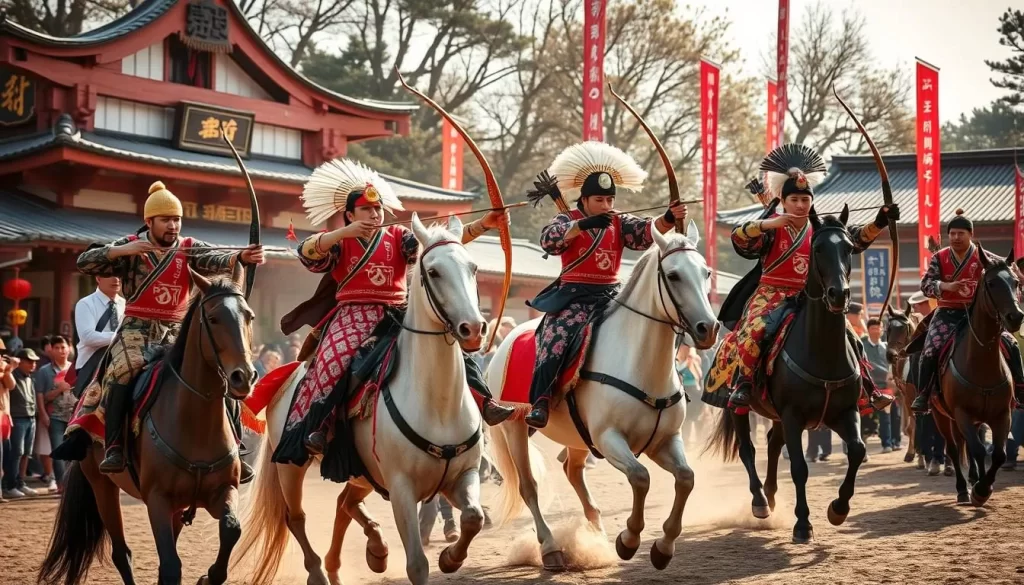 Image of horseback archers at Shijukusho Shrine Yabusame festival