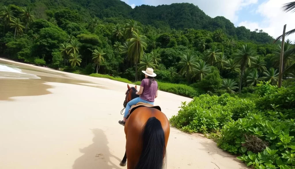 Image of horseback riding on a beach with a jungle backdrop