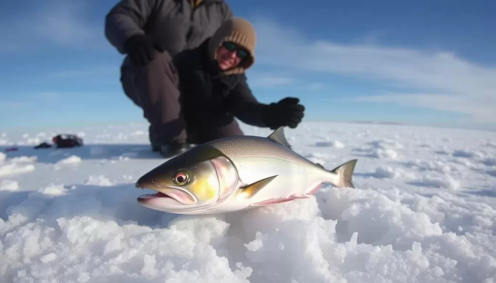 Image of ice fishing on the frozen sea ice with a freshly caught Arctic char.