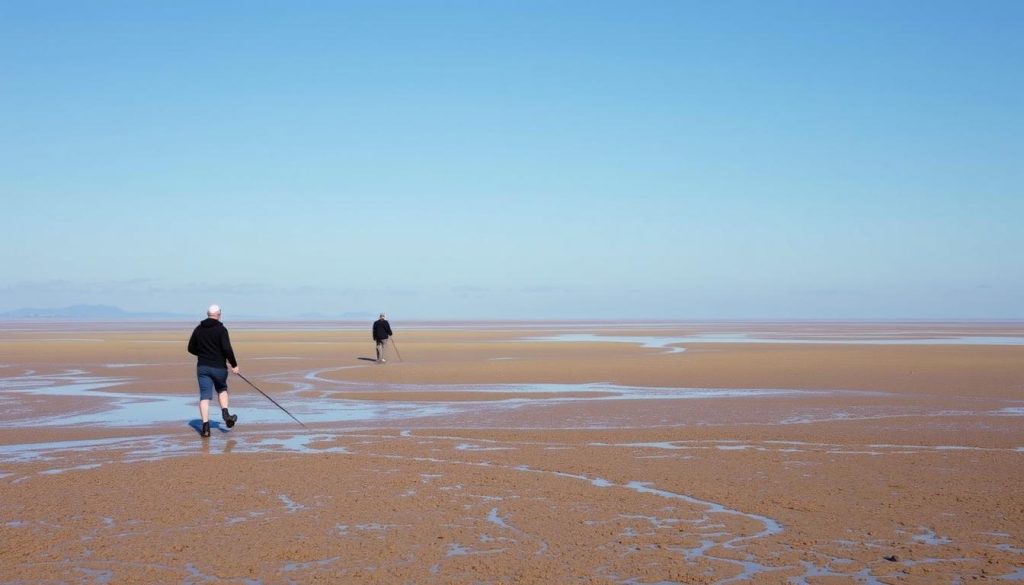 Image of mudwalkers on the Wadden Sea mudflats with the Frisian islands in the background