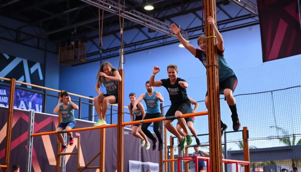 Image of participants navigating the obstacles at American Ninja Warrior Adventure Park in Santa Ana.