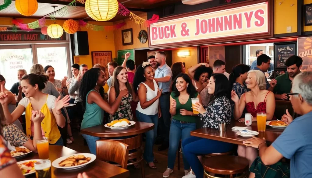 Image of people dancing and enjoying breakfast at Buck & Johnny's