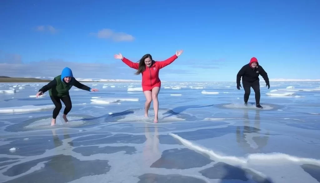 Image of people dipping their toes in the Arctic Ocean in Tuktoyaktuk