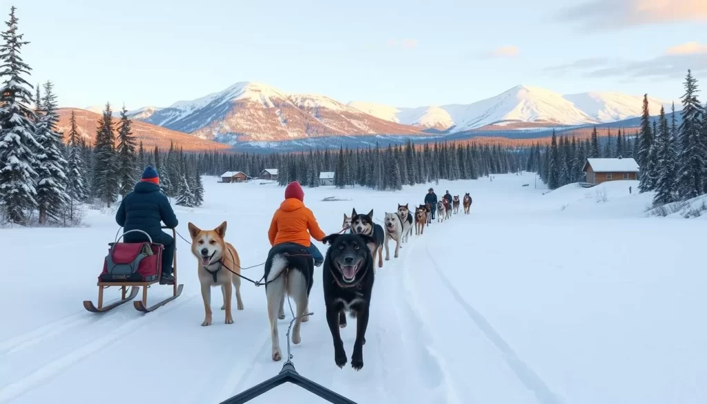Image of people dog sledding in the snowy landscape around Dawson City