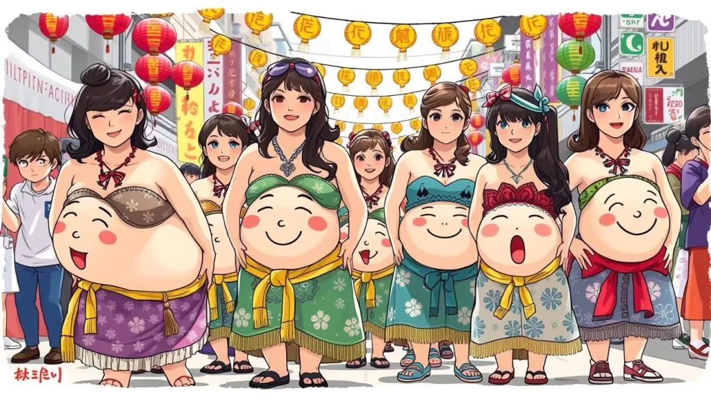 Image of people participating in the Bellybutton Dance Parade during the Shibukawa Heso Festival, with cartoonish faces painted on their bellies.