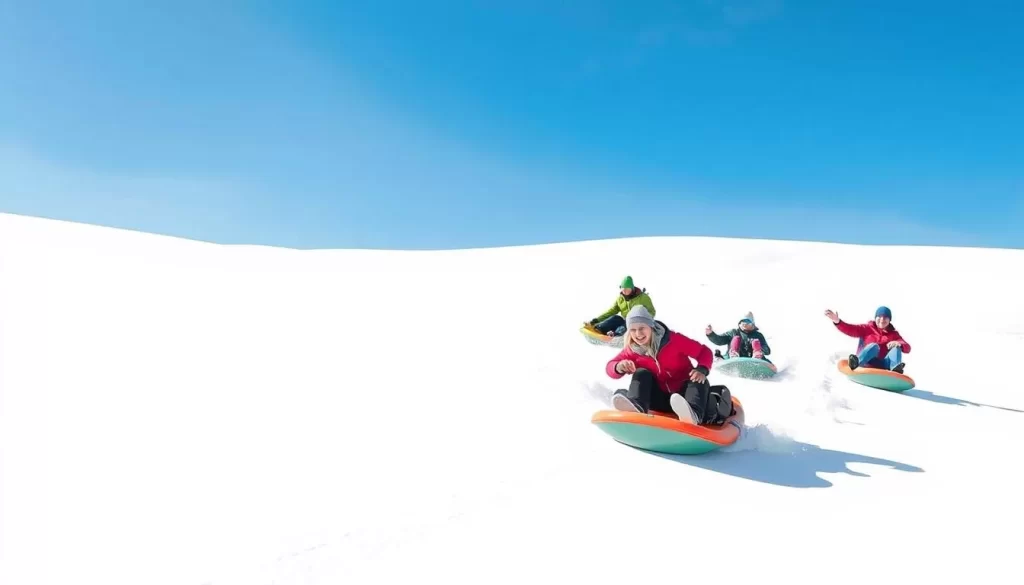 Image of people sledding down the white sand dunes at White Sands National Park