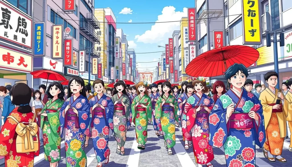 Image of people wearing colorful yukata parading through Niigata City during the Niigata Festival