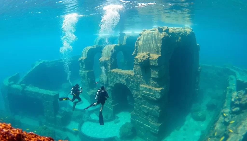 Image of scuba divers exploring the underwater ruins at Lake Jocassee