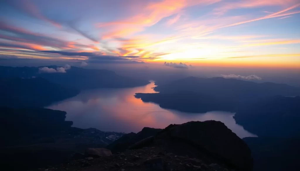 Image of sunrise over Lake Atitlan from Indian Nose Peak