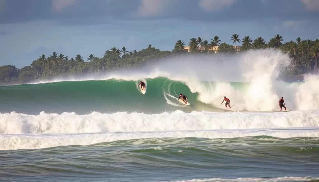 Image of surfers riding the waves at Pavones