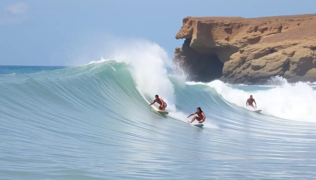Image of surfers riding waves at Playa Maderas