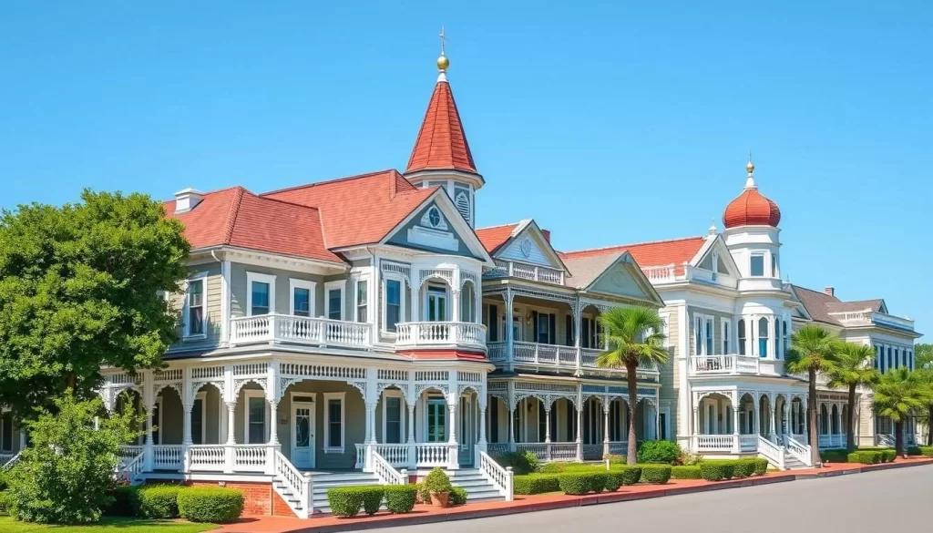 Image of the Charpentier Historic District in Lake Charles, Louisiana, featuring Victorian-era homes and buildings.